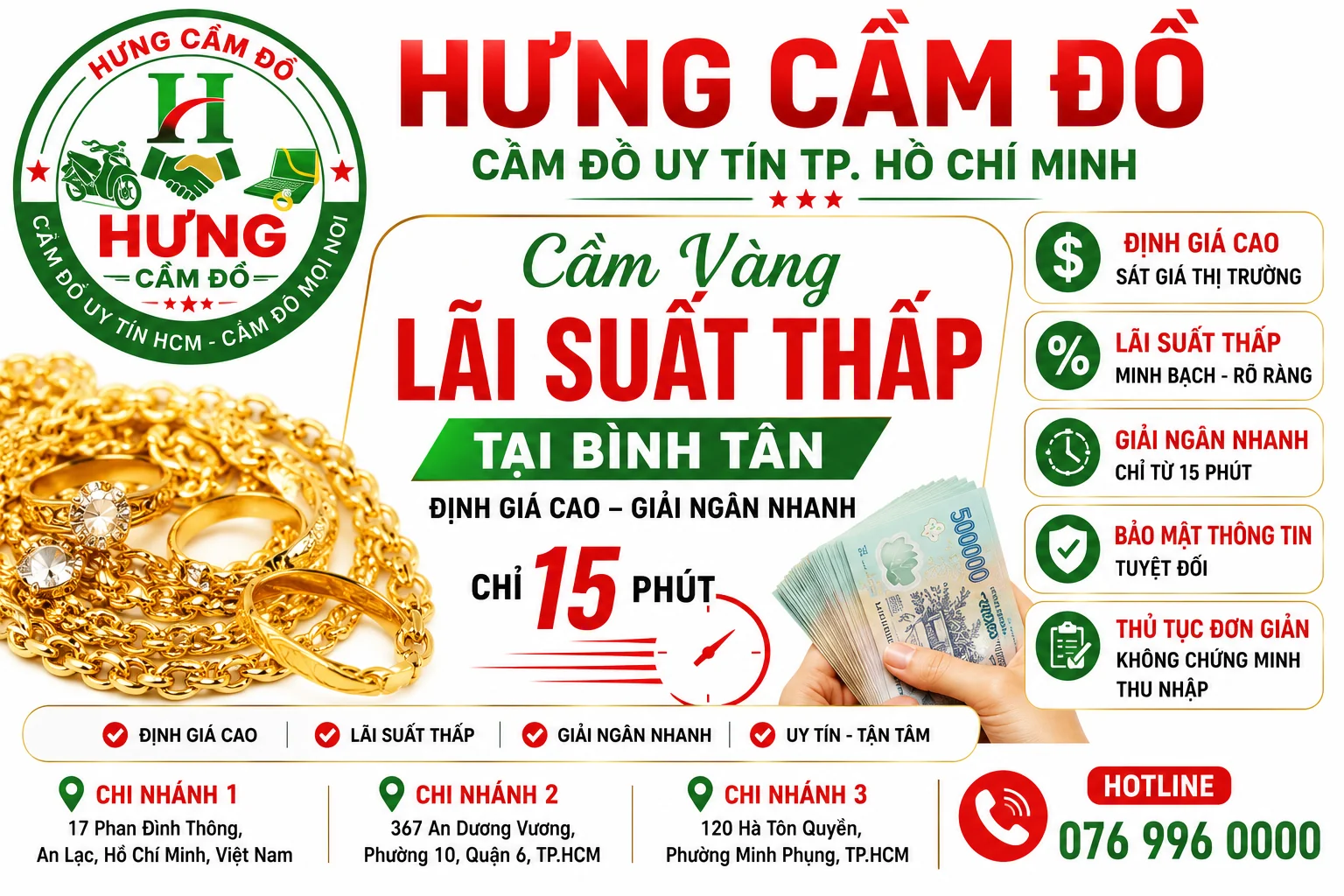 Cầm vàng lãi suất thấp bình tân